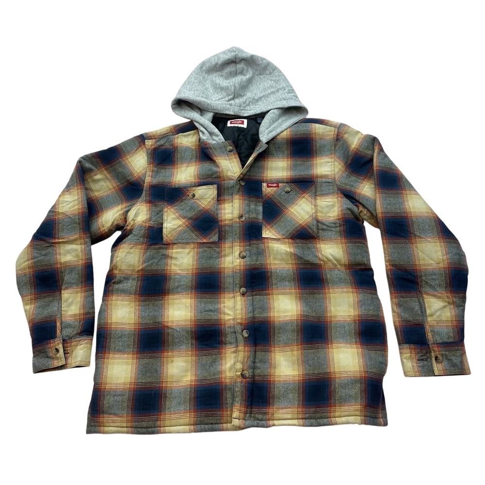 Wrangler Hooded Flannel Jacket Mens Large Plaid Snap Shirt Jacket